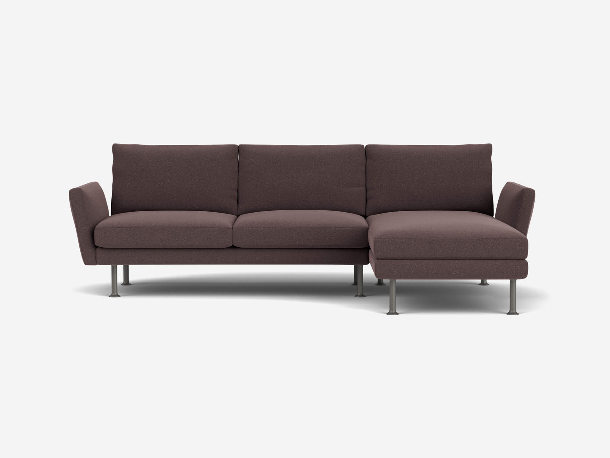 Front view of brown sectional sofa with low arms and right facing chaise